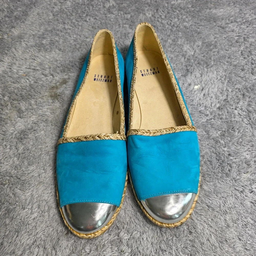 Stuart Weitzman Suede Espadrille Flats Turquoise Blue Silver Cap Toe Women 7.5 M